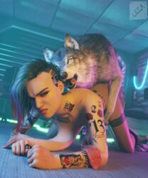 1boy 1girls 3d angry big_breasts breasts canine cgi cum cum_puddle cyberpunk_2077 doggy_style judy_alvarez large_breasts leta nipples sagging_breasts short_hair straight tattoo undercut vaginal_penetration zoophilia