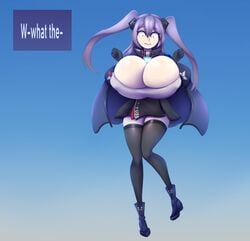 azur_lane blue_eyes breast_expansion coat expansion gloves intrepid_(azur_lane) large_breasts long_hair metachoke purple_hair surprised_expression text_box thighhighs twintails