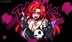 1girls big_breasts breasts fangs female finger_gun fingerless_gloves gloves goth goth_girl long_hair long_red_hair looking_at_viewer open_mouth pointing pointing_at_viewer punk punk_girl red_eyes red_hair smiling smiling_at_viewer taigerarts toon_michaela toxicsoul77 watermark