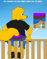 absurd_res alien alien_humanoid ass canid canine canis clothing dogget_(doggettdouglasmcdog) doggettdouglasmcdog domestic_dog duo facesitting fence hi_res humanoid male mammal no_humans purple_clothing purple_underwear star_nomad text underwear wander_(wander_over_yonder) wander_over_yonder