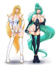 2girls alternate_costume alternate_version_available belly_piercing big_breasts blonde_hair blush breasts eyeshadow female female_only full_body green_eyes green_eyeshadow green_hair hair heels high_heels huge_breasts legs legwear lips long_hair multiple_girls mythra platform_heels pneuma_(xenoblade) skimpy skimpy_clothes thighhighs thighs tongue tongue_out white_thighhighs xenoblade_(series) xenoblade_chronicles_2 xlthuathopec yellow_eyes