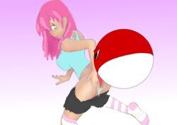 big_breasts blue_eyes gamer_girl huge_breasts pink_hair pokémon_(species) pokemon shorts socks thighhighs tongue tongue_in_anus voltorb