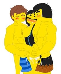 anthro cole_(ninjago) duchess_pixal jay_(ninjago) lego multiple_boys multiple_penises ninjago nya_(ninjago) one-piece_swimsuit swimsuit