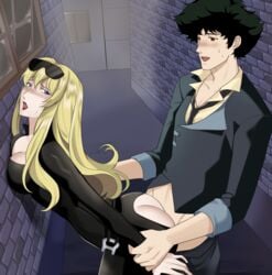 1boy 1girls amber_jin bangs blonde_hair blue_eyes bodysuit breasts brown_eyes catsuit cowboy_bebop female female_penetrated from_behind fucked_from_behind green_hair human julia_(cowboy_bebop) large_breasts leather light-skinned_female light_skin long_hair male male/female sex skintight spike_spiegel spikexjulia sunglasses sunglasses_on_head