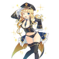 1girls between_breasts blonde_hair blue_eyes braid braided_hair braids breasts cleavage clothed coattails cuffs detached_sleeves gloves hand_on_hip midriff navel necktie police_hat policewoman salute smile smiling smiling_at_viewer thick_thighs thighhighs thighs tie wink winking winking_at_viewer