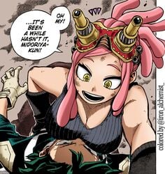 1boy artist_name bare_shoulders big_breasts breast_smother breasts canonical_scene cleavage colorized determined dreadlocks english_text face_to_breasts fallen_down female gloves goggles green_eyes green_hair hatsume_mei hi_res highres horikoshi_kouhei iron_alchemist izuku_midoriya kohei_horikoshi large_breasts long_hair looking_at_another looking_down lying manga mei_hatsume midoriya_izuku my_hero_academia official_art on_back open_mouth pink_hair serious sleeveless smile smoke speech_bubble symbol-shaped_pupils tank_top third-party_edit tied_hair unusual_pupils yellow_eyes