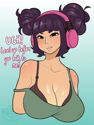 1girls alternate_hairstyle arms_behind_back arrogant black_bra blush bra breasts brown_eyes busty citrusfro cleavage clothed command_grab condescending dark_hair disgusted double_bun english_text female gamer_girl haughty_face headphones huge_breasts looking_at_viewer madam_fro nuclearwasabi original purple_hair removing_bra sagging_breasts solo strap_slip talking_to_viewer tan_skin undressing updo