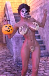 1girls 3d abs blue_eyes bone_bikini bone_bra bone_panties day_of_the_dead dia_de_los_muertos facepaint female female_only halloween kingofthadome looking_at_viewer narrow_waist nipple_slip nude nude_female outdoor outdoor_nudity outdoors outside pinup shiny_skin short_hair skeleton_bikini skeleton_bra skull_face slushe_(website) solo solo_female standing sugar_skull