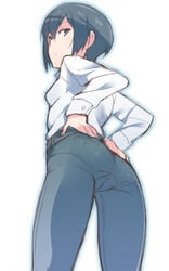 androgynous ass ass_focus em em_(totsuzen_no_hakike) female female_only hands_on_hips kino kino_no_tabi looking_at_viewer looking_back presenting_ass solo stern_expression tight_pants tomboy