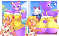 2021 absurd_res aerth animal_crossing animal_crossing_girl anthro ass big_breasts big_butt breasts butt_grab cellphone cleavage clothed clothing domestic_cat felid feline felis female female/female female_focus female_only genitals group hand_on_butt hi_res huge_butt human human_on_anthro interspecies mammal nintendo nipples no_underwear olivia_(animal_crossing) phone purple_body pussy thick_thighs thighs trio ursid video_games villager_(animal_crossing)