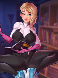 1girls ange1witch bed bedroom big_breasts blond blonde_hair bodysuit breasts crouching curvaceous curvy eyebrow_piercing female female_only gwen_stacy hero_costume large_breasts looking_at_viewer marvel notebook piercing punk short_hair spandex spider-gwen spider-man:_across_the_spider-verse spider-man:_into_the_spider-verse spider-man_(series) squatting superhero_costume superheroine thick_thighs thighs tomboy wide_hips