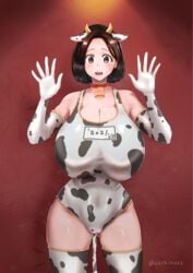 big_breasts brown_eyes brown_hair cow_ears cow_horns cow_print cow_print_armwear cow_print_thighhighs cow_tail cowbell hands_up huge_breasts looking_at_viewer massive_breasts milf open_mouth short_hair simple_background thick_thighs thighhighs thighs xxchinuxx