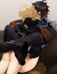 2boys aether_(genshin_impact) anal ass black_gloves black_hair blonde_hair blonde_hair_on_brown_hair blonde_hair_top blush braid brown_hair brown_hair_bottom coat domination earrings gay genshin_impact gloves gradient_hair highres implied_kiss implied_sex jewelry leg_lock light_hair_on_dark_hair long_hair long_sleeves male_focus multicolored_hair multiple_boys nose_blush orange_eyes pants pinchi sex single_braid single_earring size_difference sweat tassel tassel_earrings tears yaoi zhongli_(genshin_impact)