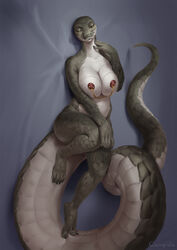 anthro areola barefoot biped breasts claws conqista feet female long_tail lying nipple_piercing nipples non-mammal_breasts nude on_back piercing reptile scales scalie sharp_claws solo