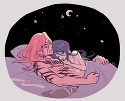 1boy 1boy1girl 1girls abarai_renji bedsheets black_hair bleach blush couple crescent_moon cuddling curvy_female female hand_on_ass kuchiki_rukia long_hair lying lying_on_back lying_on_person male muscular_male night nude oki_niha_hana petite red_hair renji_abarai romantic sleeping stars straight tattoo wholesome