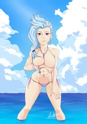 abs bikini_bottom blue_eyes breasts fit_female friendship_is_magic humanized large_breasts light_blue_hair looking_at_viewer my_little_pony necklace nipples silverstream_(mlp) standing_in_water two_tone_hair zentwo