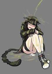 1girls aryanagale blush blushing cat_ears cat_tail covered_in_urine crying cum_in_pussy cum_inside curled_up eyebrows eyelashes forced golden_shower grey_background hands_on_knees hoodie jacket leaking_cum neo:_the_world_ends_with_you peeing peeing_on_another piss_soaked pissing pissing_on_another pussy semen shoes shoka_sakurane simple_background soaked solo_focus tail the_world_ends_with_you upset urine urine_on_floor urine_stream watersports