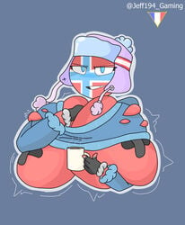 alternate_breast_size big_breasts coffee_mug countryhumans countryhumans_girl jeff194 norway_(countryhumans) outgrowing_clothes tape taped_nipples ushanka