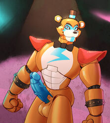 absurd_res animatronic anthro blue_eyes blue_penis brown_body digital_drawing_(artwork) digital_media_(artwork) five_nights_at_freddy's five_nights_at_freddy's:_security_breach fr4nkenst3in genital_piercing genitals glamrock_freddy_(fnaf) hi_res looking_at_viewer machine male male_only mammal metal_penis multicolored_body penis penis_piercing piercing robot scottgames solo stripes ursid ursine video_games