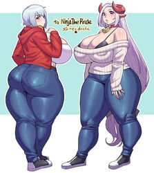 2girls alternate_breast_size ass beauty_mark big_ass big_breasts breasts cowbell curvaceous curvy ear_piercing female_focus female_only hanako_(debaucheryninja) hips horns huge_ass huge_breasts jacket jeans large_ass large_breasts long_hair looking_at_viewer looking_back original original_character original_characters plump shoes short_hair sideboob simple_background sneakers sweater synecdoche thick_thighs thighs vella_(debaucheryninja) voluptuous watermark wide_hips