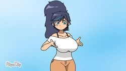 animated bandage_on_face big_breasts blue_eyes bouncing_breasts breasts curvy curvy_figure dark_blue_hair female female_only gif huge_breasts kim_han_yi_(writers_crusaders) korean playing_with_breasts playing_with_own_breasts ponytail self_fondle simple_background solo solo_female thick_thighs wcjuan white_topwear writers_crusaders