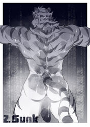 1boy abs absurdres animal_ears anus arknights ass back bara completely_nude crrispy_shark flaccid from_behind furry furry_male highres large_pectorals male male_focus male_only mountain_(arknights) muscular muscular_male nipples nude outstretched_arms pectorals penis scar scar_across_eye scar_on_face short_hair solo spread_arms stomach sweat tail thick_thighs thighs tiger_boy tiger_ears tiger_tail white_fur