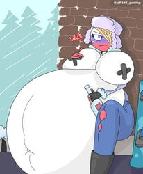 4_fingers alcohol big_belly big_breasts countryhumans countryhumans_girl expansion female female_only hyper_inflation inflated_belly inflation jeff194 navel pink_eyes russia_(countryhumans) sitting snow snowboard tape taped_nipples ushanka watermark white_body white_skin