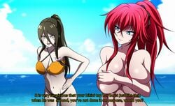 2girls beach bikini black_bikini blue_eyes boruto:_naruto_next_generations brown_hair byakugan covering covering_breasts covering_nipples crossover english_text female high_school_dxd huge_breasts hyuuga_hanabi large_breasts lilac_eyes multiple_girls naruto no_pupils oldhorrorz red_hair rias_gremory text