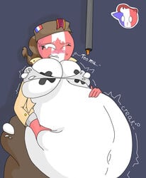 big_breasts blush blushing canada_(countryhumans) clothes_ripping countryhumans countryhumans_girl english_text expansion female female_only forced france_(countryhumans) hat holding_belly huge_belly hyper_inflation inflation jeff194 one_eye_closed one_eye_open onomatopoeia outgrowing_clothes ripping ripping_clothing skindentation syrup tape taped_nipples tuque white_body white_skin