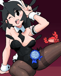 between_breasts black_eyes black_hair breasts bunny_ears bunny_tail bunnysuit cleavage crab headband looking_at_viewer lucia_(scott_malin) pantyhose scott_malin sitting spread_legs tagme tail the_panty_bear thighs wink