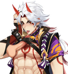 2boys abs arataki_itto black_nails blur_censor blush bodypaint censored choker disembodied_penis ear_piercing erection facepaint fellatio fingerless_gloves genshin_impact gloves hand_on_own_head highres horns japanese_clothes licking licking_penis long_hair male_focus male_only multicolored_hair multiple_boys muscular muscular_male nail_polish nipples oerba_yun_fang oral parted_lips pectorals penis piercing pinchi red_eyes red_hair saliva simple_background solo_focus spiked_choker spikes sweat tassel thick_eyebrows white_background white_hair yaoi