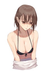 1girls bare_shoulders bikini_top breast_squeeze brown_hair cleavage collarbone female front-tie_top highres light-skinned_female light_skin medium_breasts midriff original shirt short_hair solo stomach swimsuit tesin_(7aehyun) undressing