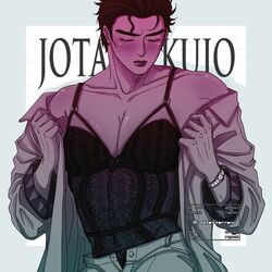 1boy artist_request blush blushing bustier closed_eyes crossdressing diamond_is_unbreakable dilf femboy_dilf jojo's_bizarre_adventure jotaro_kujo ladsofsorrow lingerie male_focus male_only muscular muscular_male solo solo_male undressing