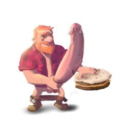 1boy 3d 3d_(artwork) bear beard big_penis cum cumshot enormous_penis erection food food_play green_eyes greg_(hay_day) greg_(hayday) greg_supercell hairy_arms hairy_balls hairy_chest hay_day hayday lumberjack male male_only masturbation penis red_hair red_shirt shirt solo solo_male supercell wet_penis