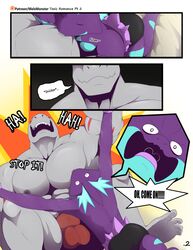 abs absurd_res anthro balls_outline bite clothed clothing comic dialogue duo english_text genital_outline hi_res jax_(mels_monster) laugh low_key_toxtricity machoke male male/male mels_monster_(artist) muscular muscular_male nintendo nipple_bite nipple_fetish nipple_play nipples owen_(mels_monster) pecs pokémon_(species) pokemon pokemon_(species) text topless toxtricity underwear underwear_only video_games