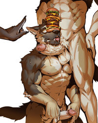 anthro balls bodily_fluids burger canid canine drooling erection food gay genitals hi_res humanoid_genitalia humanoid_penis jacketbear male male/male male_only mammal penis saliva simple_background training white_background yaoi