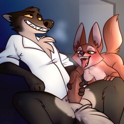 anthro blowjob blush diane_foxington female fox male mr._wolf_(the_bad_guys) nude open_mouth penis starbeforedawn_(artist) the_bad_guys tongue_out wolf