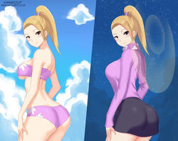 ass ass bikini blonde_hair bra breasts breasts clothed day_and_night female female female_only kainkout oc only_female original_character panties ponytail ponytail_hair skirt solo solo_female