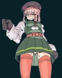 1girls 2018 :d beatriz_(metal_slug) beret black_background black_gloves blush breasts cum cum_on_legs female female_focus female_only green_dress green_eyes long_hair medium_breasts metal_slug metal_slug_attack military military_uniform no_panties pink_hair pussy red_socks red_thighhighs seductive short_hair snk viewed_from_below white_jacket