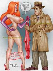 1boy 1girls ass big_breasts big_butt disney high_heels holding_dress humphrey_bogart jessica_rabbit jesus_torrealba large_ass large_breasts naked naked_female nipples nude nude_female red_hair who_framed_roger_rabbit