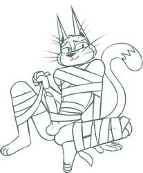 2021 anthro balls bandage cattus_the_one_blade domestic_cat erection felid feline felis genitals hi_res male male_only mammal mighty_magiswords monochrome nude penis redout sitting smile solo white_background wrapped_up