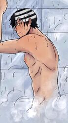 1boy abs arms_up bathroom black_hair blue_background death_the_kid dripping dxthgrp gold_eyes leaning_forward looking_at_viewer male male_only muscular muscular_back muscular_male shower showering solo solo_male soul_eater steam steamy stripes sweat sweatdrop sweating tiles two_tone_hair water wet wet_hair white_hair yellow_eyes