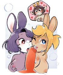 1boy 2girls amber_(hallogreen) animal_ears anthro anthro_on_anthro blonde_hair blue_eyes blush cum cum_on_face dianieven female female_anthro licking licking_penis male male_anthro nude nude_female nude_male red_eyes straight tongue tongue_out ylva_(dianieven)