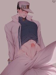 1boy big_penis blushing_at_viewer diamond_is_unbreakable dilf erect_penis erection gomi-cake jojo's_bizarre_adventure jotaro_kujo lowres male_focus male_only muscular muscular_male penis_out shirt_up solo solo_focus solo_male