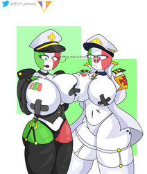 2girls armband artist_name artist_signature big_breasts breast_frottage breast_to_breast choker clothed collar comparing corset countryhumans countryhumans_girl english_text fascist_italy_(countryhumans) female female_only heterochromia italy_(countryhumans) jeff194 lingerie military military_cap military_hat military_uniform multicolored_body tape taped_nipples tattoo thick_thighs watermark white_skin