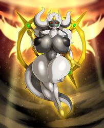 absurdres anthro anthro_only anthrofied arceus black_nipples breasts creatures_(company) deity female furry furry_only game_freak goddess green_sclera grey_skin huge_breasts mythical_pokemon nintendo pokemon pokemon_dppt red_eyes solo_female suirano thick_thighs waifu2x white_fur wide_hips