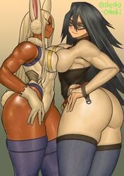 2girls abs ass athletic_female big_ass big_butt bodysuit breast_to_breast breasts bunny_ears bunny_tail comparing_breasts dark-skinned_female dark_skin female female_human female_only fit_female hero_outfit_(mha) human kemonomimi leotard long_hair mask mature_female midnight_(my_hero_academia) miruko muscular_female my_hero_academia nemuri_kayama red_eyes rumi_usagiyama shosho_oekaki standing superhero_costume superheroine thick_thighs thigh thighhighs thighs white_hair