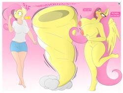 2021 anthro big_breasts blush breast_expansion breasts dialogue english_text equid equine expansion feathered_wings feathers female fluttershy_(mlp) friendship_is_magic green_eyes growth hasbro hi_res human human_to_anthro mammal mask my_little_pony on_one_leg pegasus sequence simple_background skyspeardw solo species_transformation standing straight_hair surprise text tf_into_fictional_character the_mask transformation wing_growth wings yellow_body