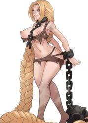 arms_behind_back ball_and_chain beauty_mark big_breasts blonde_hair bondage braided_ponytail chains collar enslaved female female_only huge_breasts large_breasts long_hair markydaysaid metal_collar nipples original_character pale-skinned_female pale_skin slave slave_collar tattered_clothing