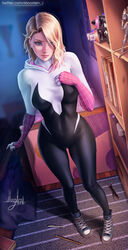 1girls blonde_hair blue_eyes bodysuit breasts clothing female female_only fit_female front_view fully_clothed gwen_stacy heroine high_resolution indoors large_breasts light-skinned light-skinned_female marvel marvel_comics moonlen-jack short_hair skin_tight solo solo_female spider-gwen spider-man:_across_the_spider-verse spider-man_(series) standing thick_thighs thighs very_high_resolution waist wide_hips